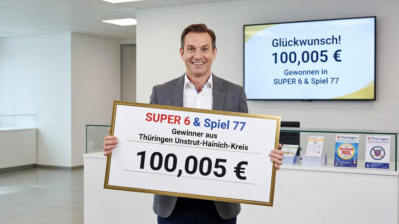 Feiernde Lotto-Gewinnerin mit Scheck vor glitzernden Zahlen, verkörpert den Triumph im Spiel 77