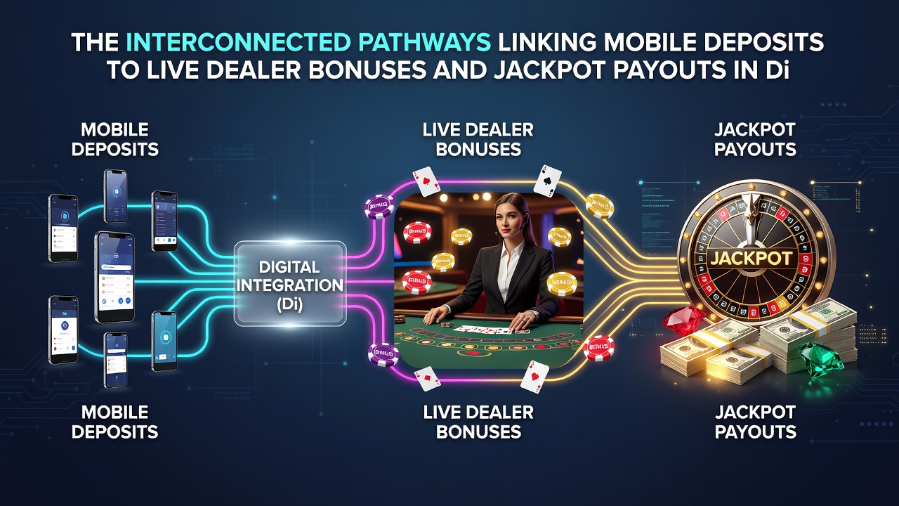 Illustration der Datenflüsse von mobilen Einzahlungen über Bonus-Systeme zu Jackpot-Auszahlungen